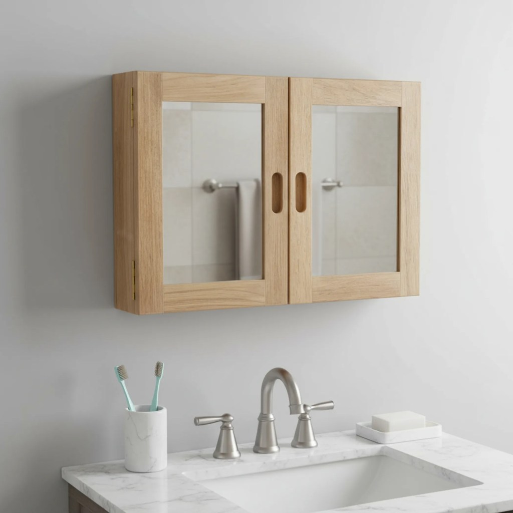 Traditional Solid Teak Double Door Mirrored Medicine Cabinet