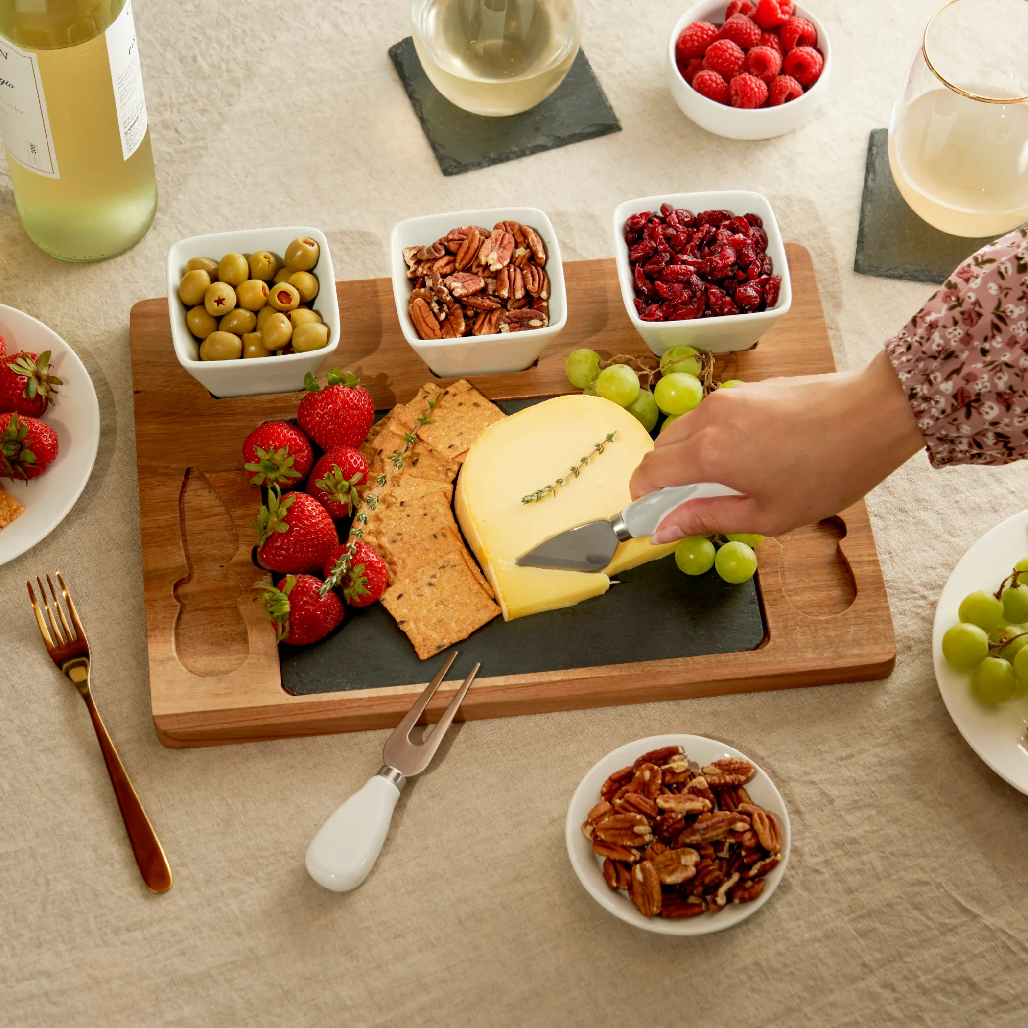 Acacia & Slate Cheese Board Set with Ceramic Bowls by Twine Living - Image 3