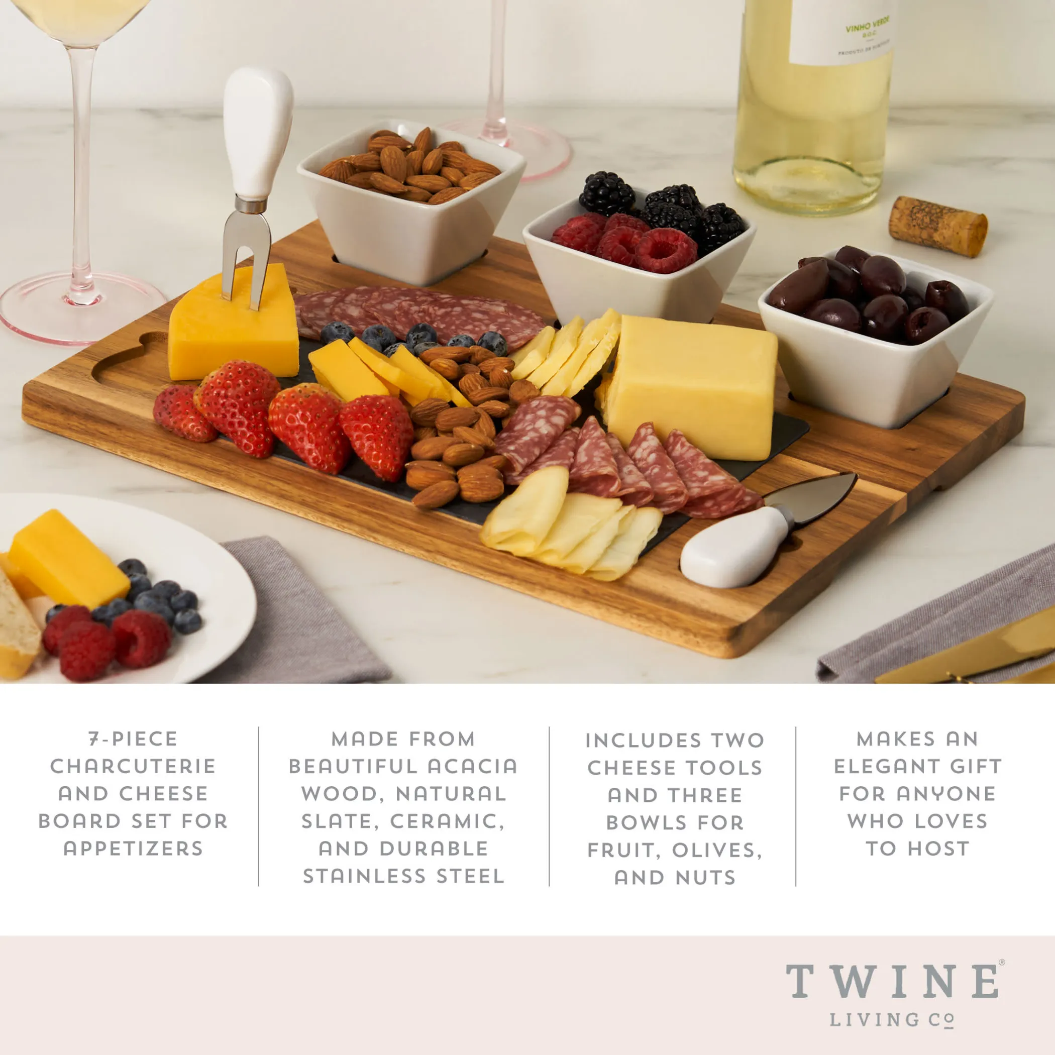 Acacia & Slate Cheese Board Set with Ceramic Bowls by Twine Living - Image 4