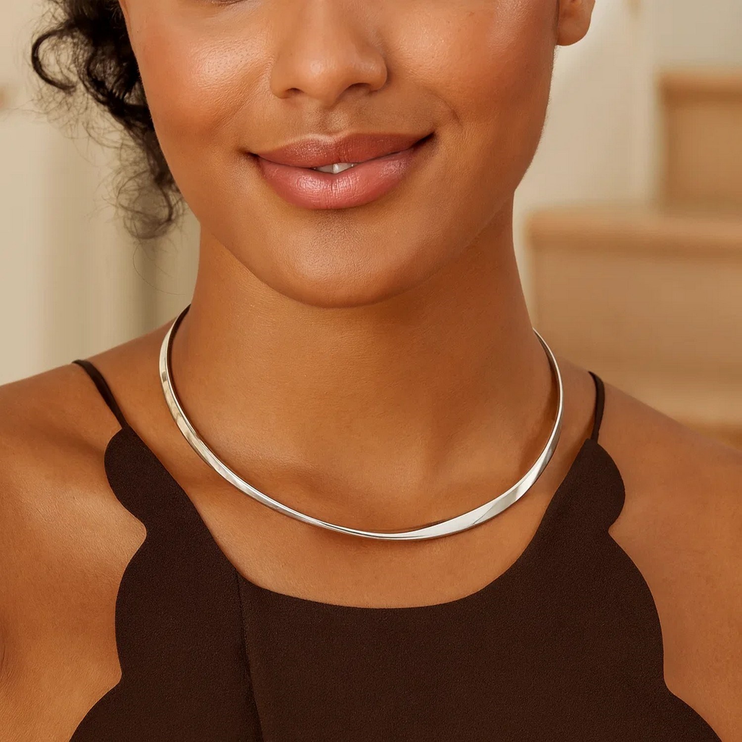 Sterling Silver Rhodium Plated Sculpted Collar Necklace - Image 3