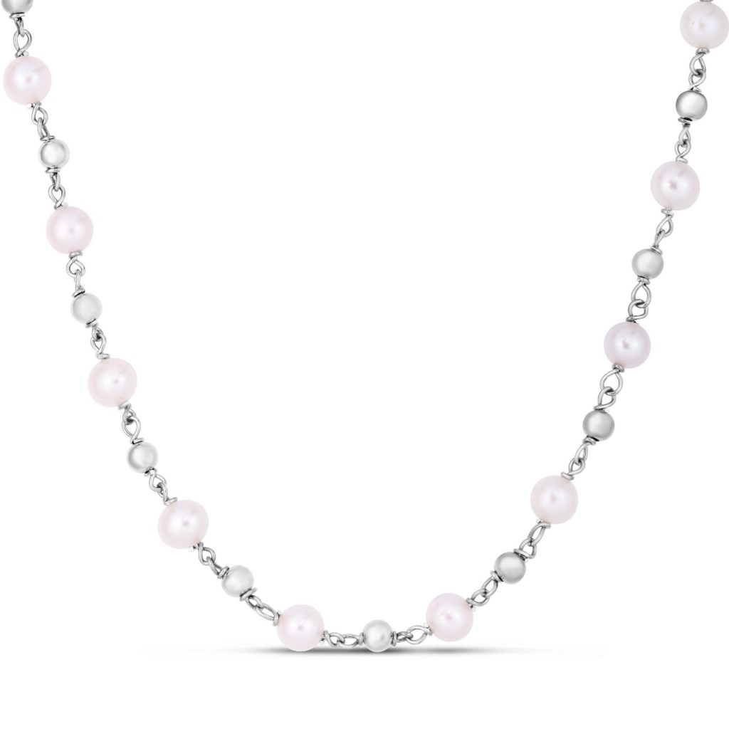 Sterling Silver Rhodium Plated Freshwater Pearl Bead Necklace