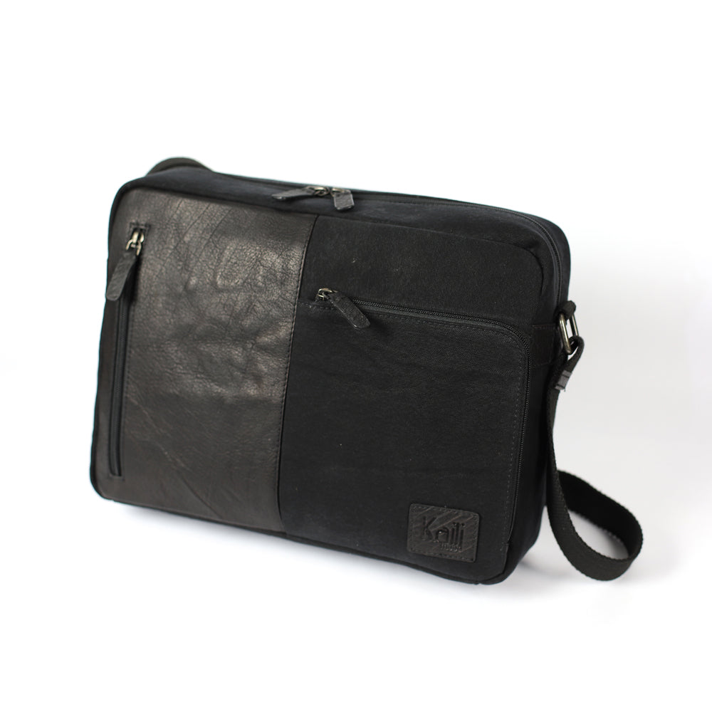 Black Canvas and Full-Grain Leather Messenger Bag