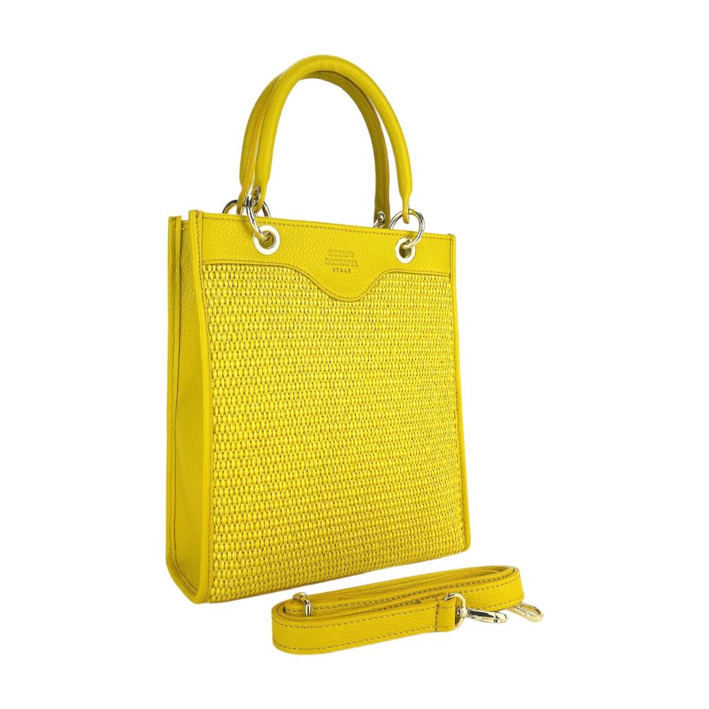 Women’s Italian Leather and Straw Handbag – Yellow