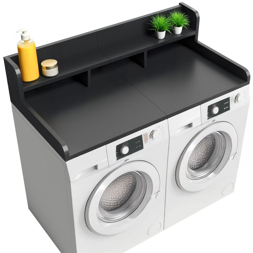 Washer Dryer Countertop with Non-slip Pads, Laundry Wood Shelf Topper with Edge, 54" Width x 27.5" Depth Double Layer Organizer for Washer and Dryer Laundry Hamper Counter Storage Organization (BLACK)