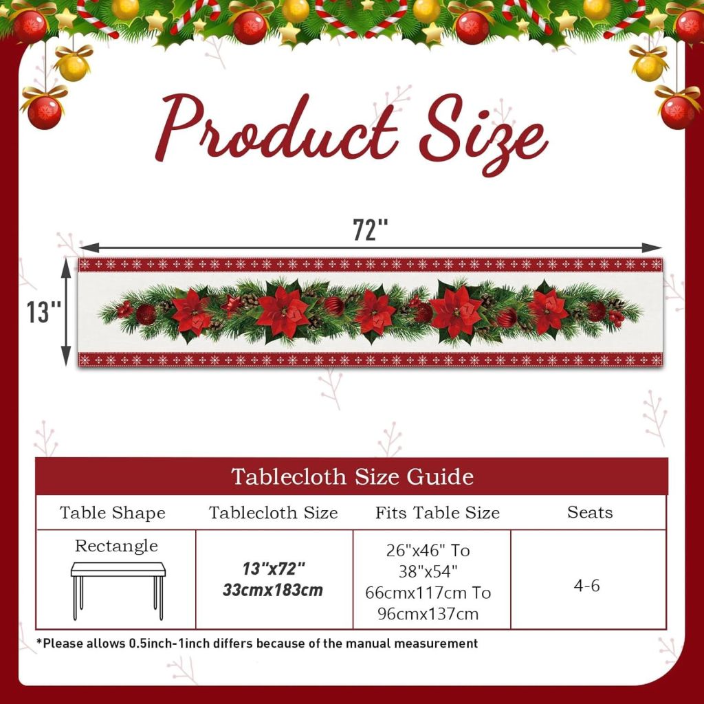 Watercolor Poinsettia Red Christmas Table Runner with White Snowflake,Seasonal Winter Xmas Party Decoration Holiday Indoor Home Kitchen Decor 13 x 72 Inch